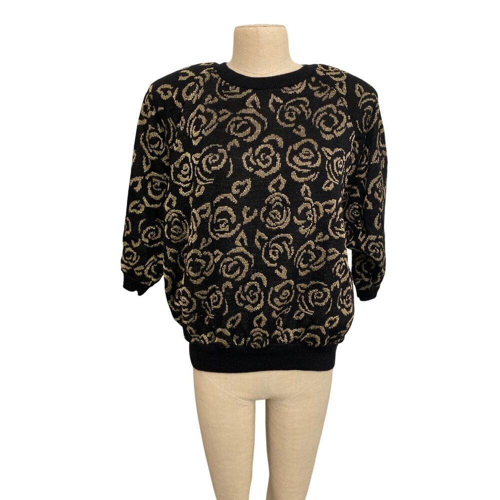 Vintage Sharon Anthony Black & Gold Rose Pattern Sweater Size 20W/40 Acrylic & M